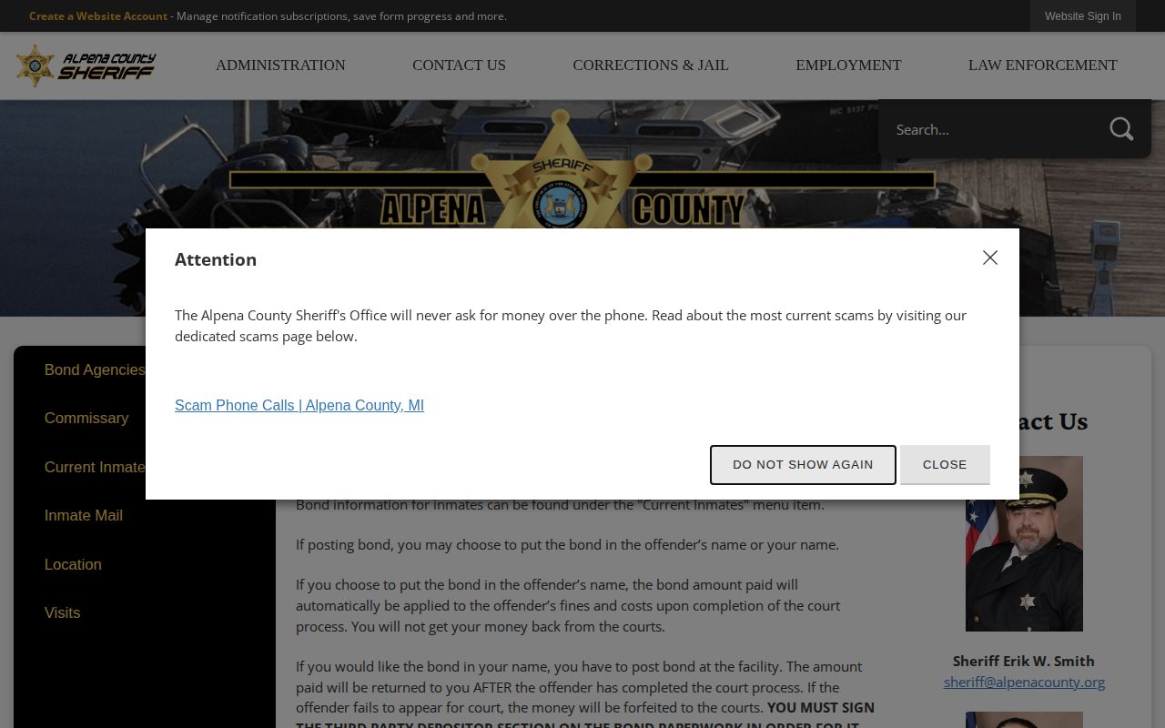 Alpena County Jail bond codes and release payment information