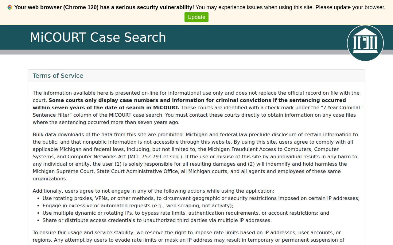 MiCOURT search for Alpena County release record and court disposition