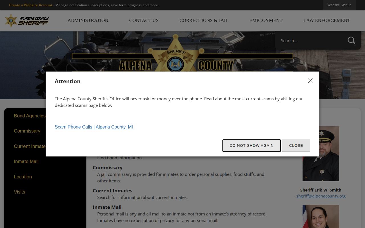 Official Alpena County Jail current inmate and release record route