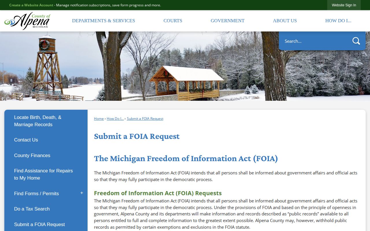 Alpena County booking photo and release record FOIA request page